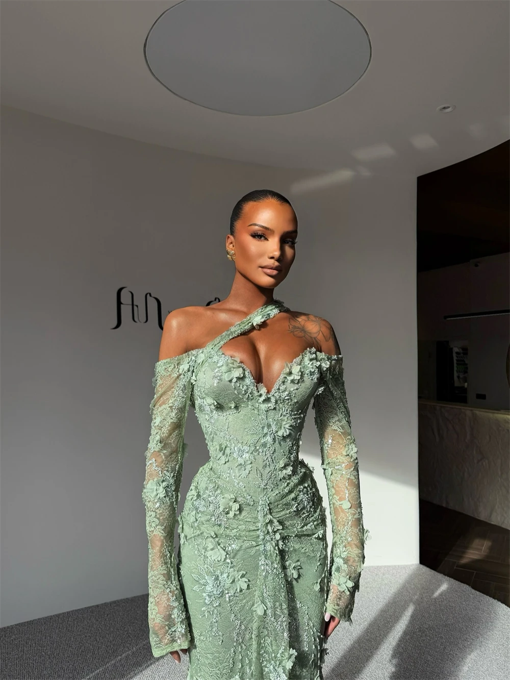 Sansa Customized Sage Green Mermaid 3D Flower Pleats Prom Dress Long Sleeve Vestidos De Noche Floor-Length Formal Evening 2025 image 2