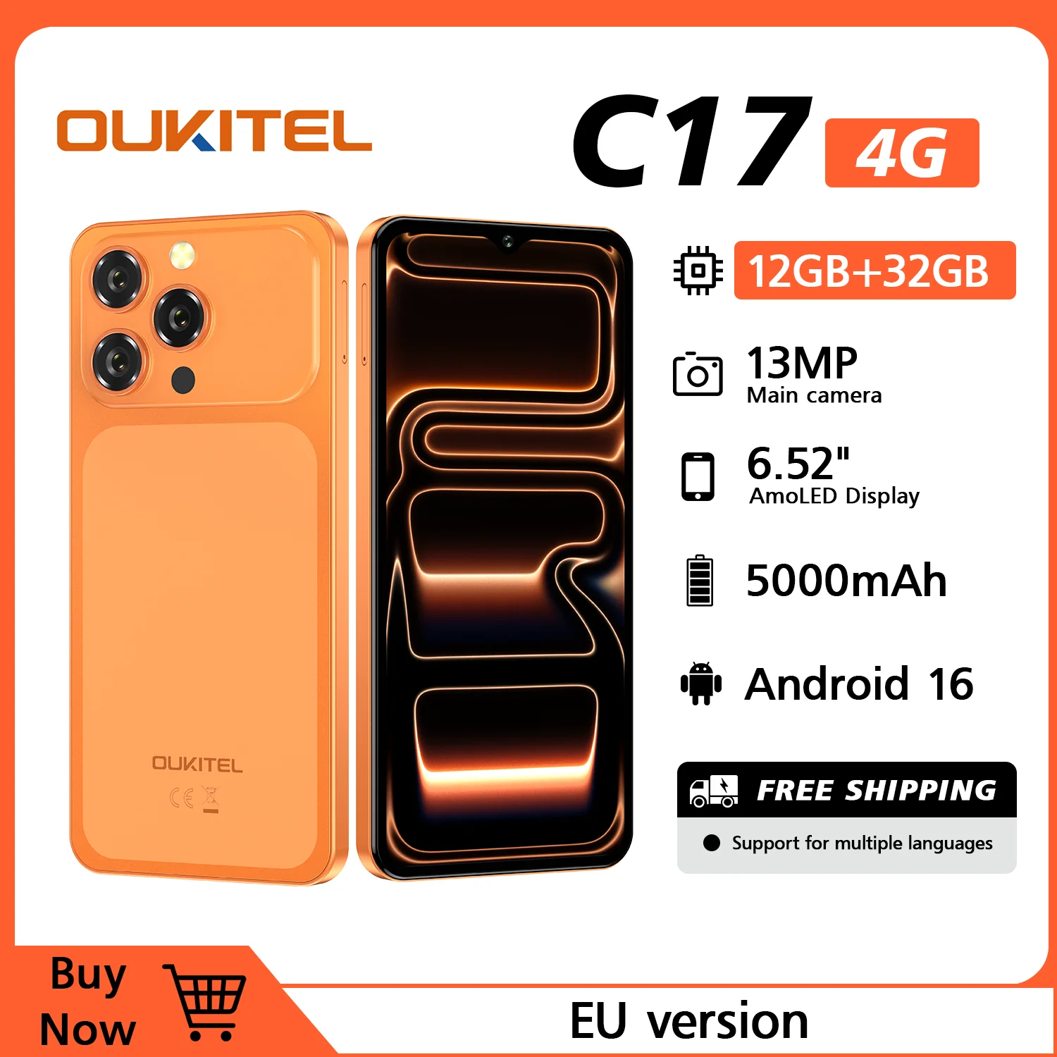 OUKITEL C17 Entsperrtes Handy, Android 16, 6,52-Zoll-Display, Mobiltelefon, 12GB (3+9GB) RAM + 32GB ROM, 5000mAh Akku, 13MP Kamera, Dual-SIM, Günstiges Smartphone 4G LTE, Global Entsperrtes Handy,