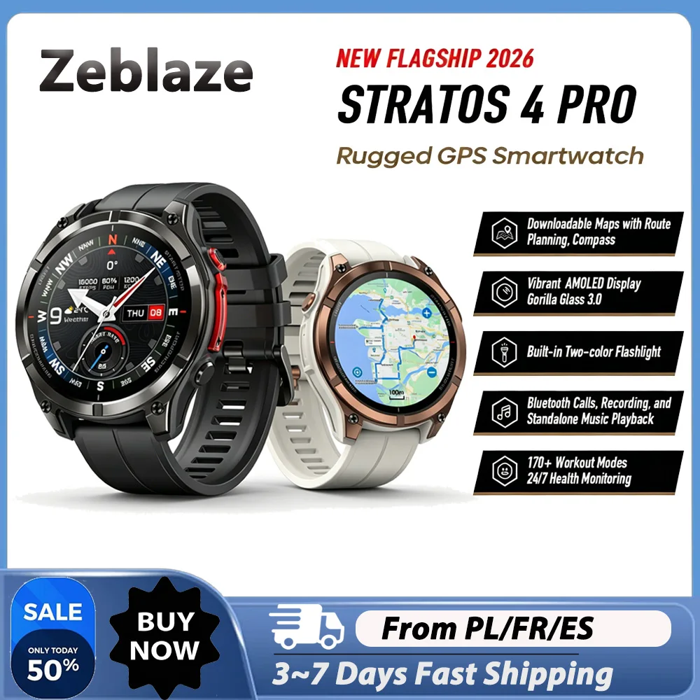 Montre connectée Zeblaze Stratos 4 Pro, écran AMOLED 1,43 pouces, étanche 5 ATM, positionnement par 6 satellites, téléchargement de cartes hors ligne 2026, GPS double bande, plus de 170 modes sportifs, moniteur de fréquence cardiaque et de SpO2, appels Bluetooth, stockage de musique