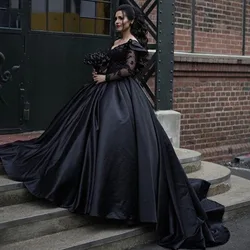 Black Gothic Wedding Dresses One Shoulder Sleeves Appliques Ruffles A-line Bridal Gown Princess Vestido De Novia