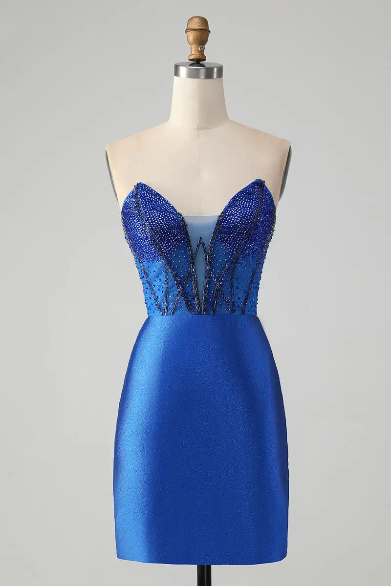 Sparkly Royal Blue Bodycon Strapless Short Homecoming Dress with Beading V-Neck Graduation Sleeveless Cocktail Dresses Elegant