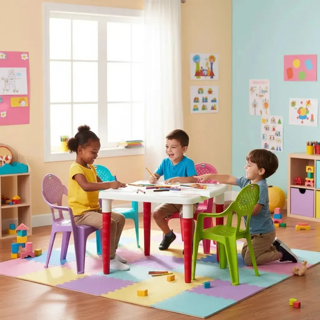 طاولة أطفال قابلة للطي + 4 كراسي أطفال بيضاء |     مجموعة طعام آمنة ومدمجة للأطفال |     مثالية للغرفة أو الحديقة أو المدرسة أو الأنشطة |     سهلة التجميع والتخزين