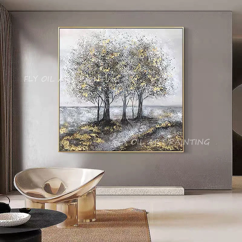 100% Handmade gold foil silver tree and forest landscape square oil painting for home decoration as a gift unframe