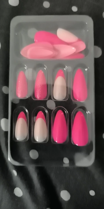 Rose Pink French Glitter Powder Wearable Almond Shape Fashion Fake Nails Full Cover Finished False Nails Press on Nail with Glue photo review