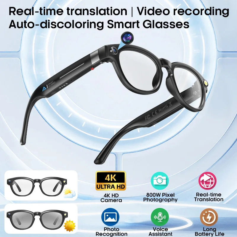 

2025 4K HD 1080P Camera Smart Glasses with Bluetooth Call Real-time Translation Photo Recognition Color Change AI Glasses Music