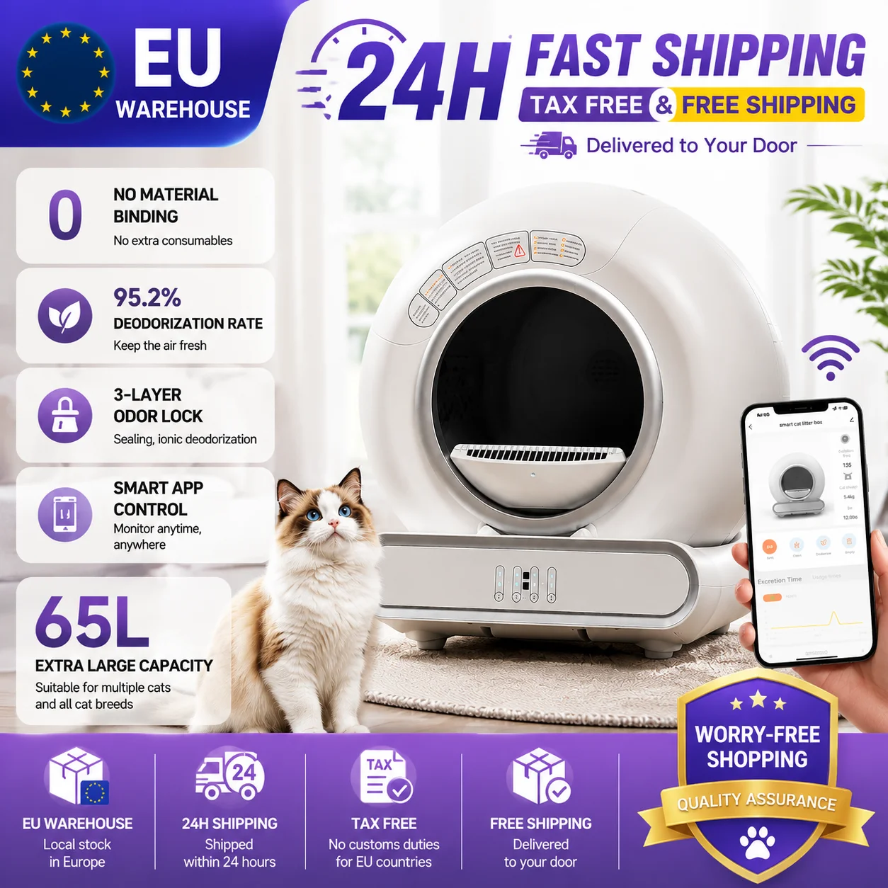 Litière automatique autonettoyante intelligente 2026 L01 pour chats jusqu'à 9 kg, grande capacité de 65 litres, fonctionnement ultra-silencieux, fonctions de sécurité, entrepôt UE