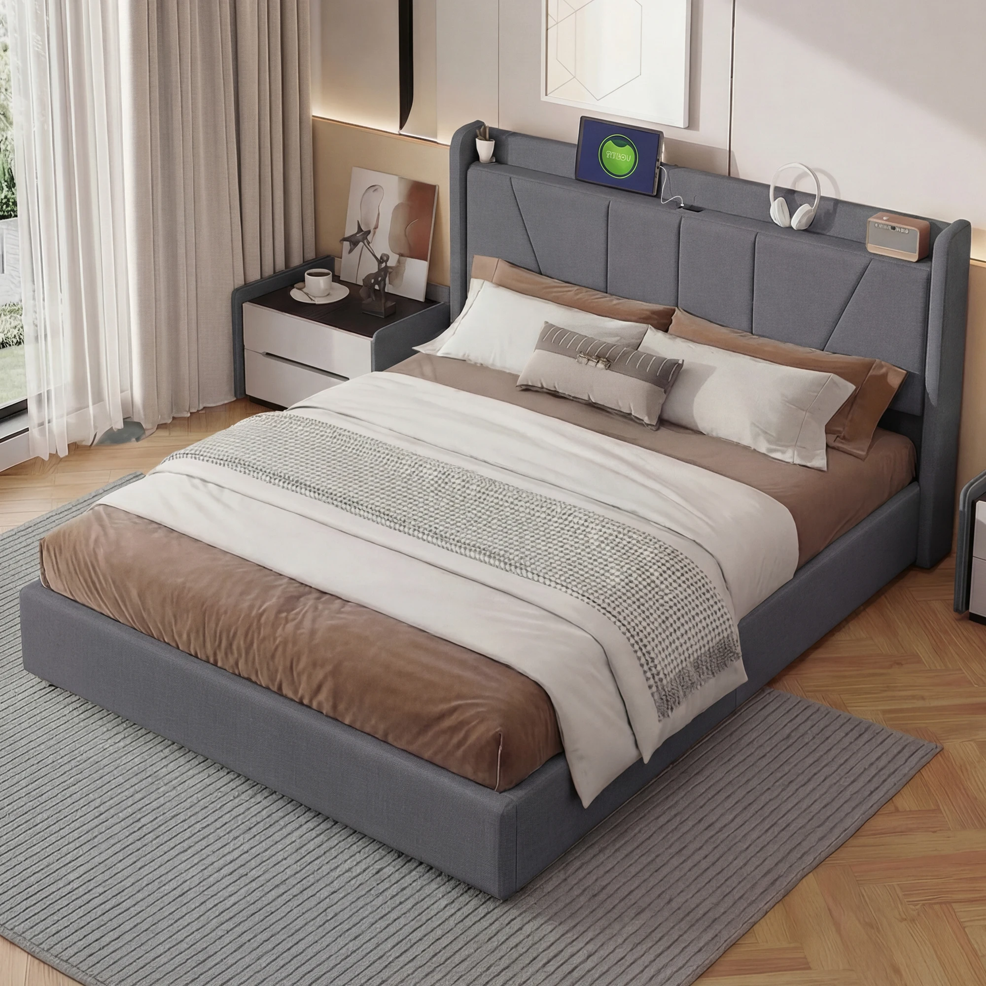 Lit Coffre Moderne 160x200 cm Tissu Effet Lin Gris Sommier Intégré Coffre Hydraulique Style Contemporain