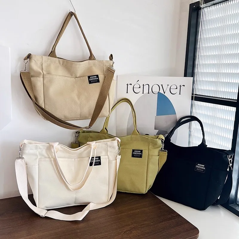 

Холщовая большая сумка в корейском стиле для женщин, новинка 2023 года, большая вместительная сумка через плечо, повседневная студенческая пригородная сумка, бежевая