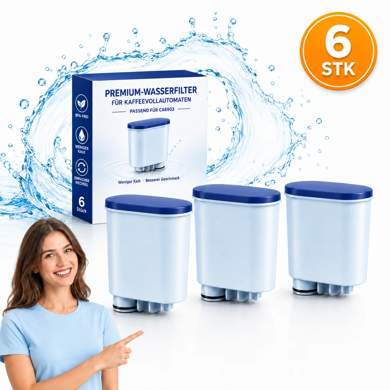 Filswa 6 Stück Wasserfilter Ersatz kompatibel mit Philips 2200 / 2300 / 4300 / 5500 Serie gegen Kalk & für besseren Geschmack