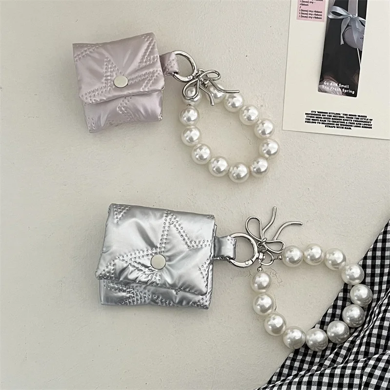 Silver Star Puffer Earphone Bag For Apple Airpods Pro 2 3 4 Cover with Chain Cute Headphone Charging Cases For Airpod 4 3 Case