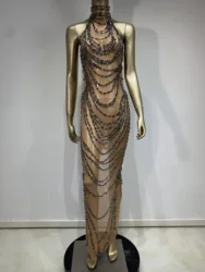 Women Luxury Sparkly Rhinestone See Through Mesh Long Dress Birthday Party Elegant Gowns Sexy Stage Singer Performance Costume