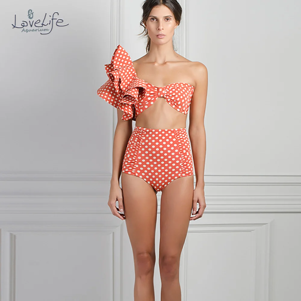 Ruffled Polka-Dot Print Bikini Orange Tankini Women Swimming Suits Swimwear Patchwork High Waist Bikini Summer Beach