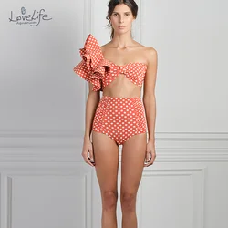 Ruffled Polka-Dot Print Bikini Orange Tankini Women Swimming Suits Swimwear Patchwork High Waist Bikini Summer Beach