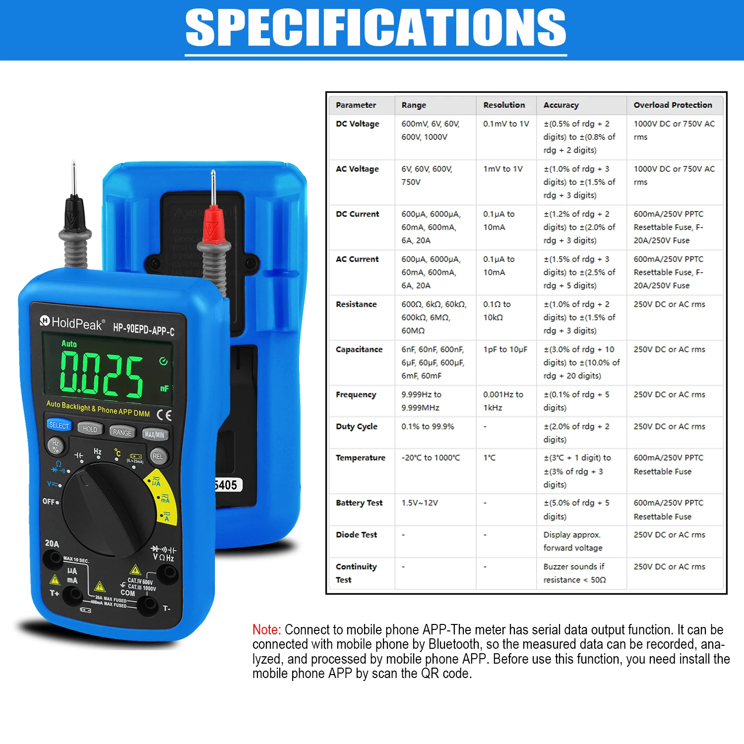 HoldPeak Smart Digital Multimeter,6000 Counts TRMS Meter ACV DCV 0-1000V Resistance Capa Frequency Test,Data Hold,