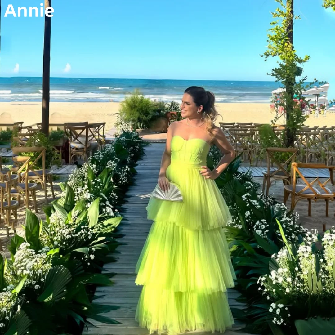 

Annie Sexy Ombro A Ombro Prom Dresses Green Handmade Tulle layering Evening Dresses A-Shape Lady Party Dresses فساتين سهرة