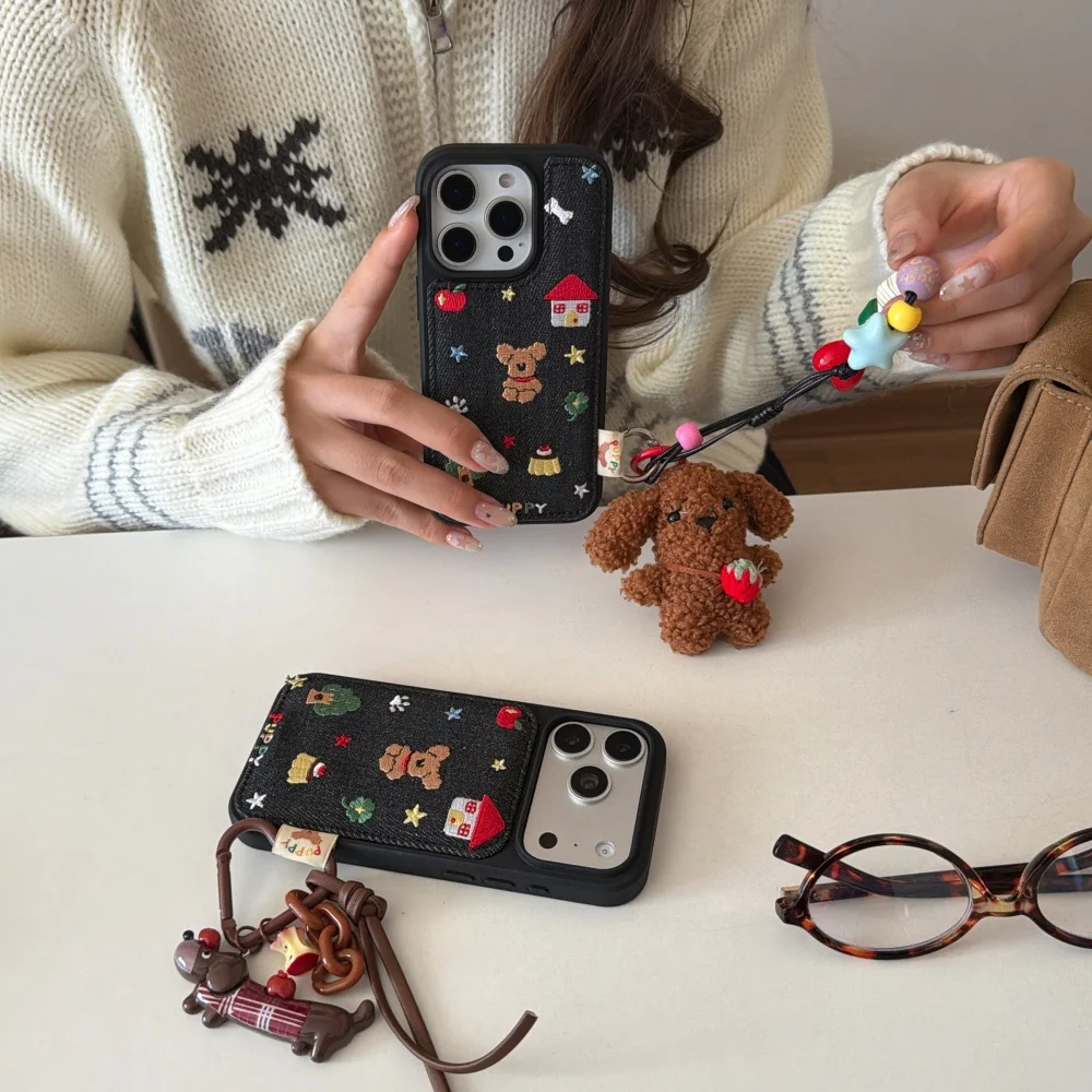 

Denim embroidered star puppy phone case, suitable for iPhone14/15/16/17ProMax,with hanging chain,fashionable new protective case