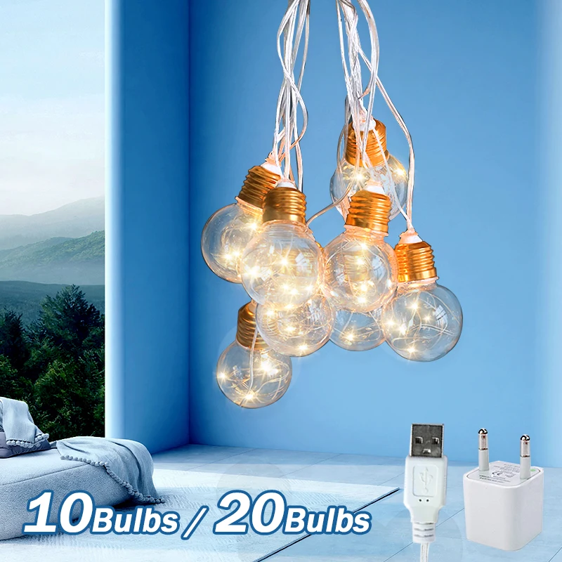 20Bulbs USB LED Warm White Fairy String Light Festoon Globe Bulb Outdoor String For Waterproof Garland Wedding Party Backyard