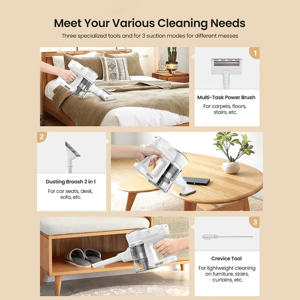 Azkmoo เครื่องดูดฝุ่น V601ไร้สายแบบ3 in 1, เครื่องดูดฝุ่นไร้สาย26000PA ดูดแรงสูงไร้สายแบบพกพาสำหรับบ้านโซฟาทำความสะอาดที่มีประโยชน์