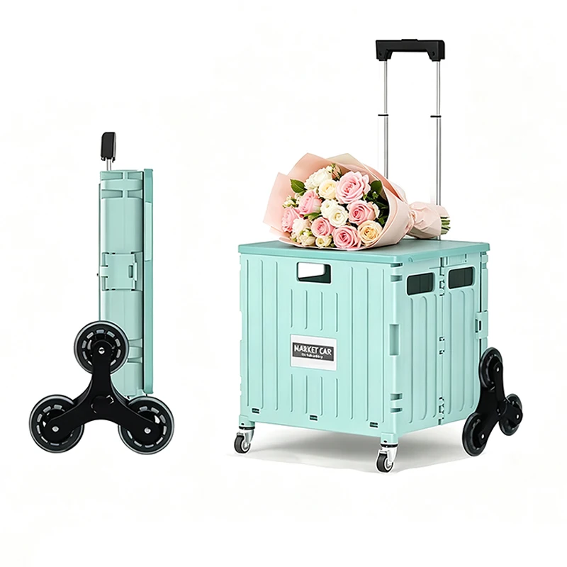 Foldable Utility Cart Folding Portable Rolling Crate Handcart Shopping Trolley Wheel Box with Lid Wear-Resistant Noiseless 360°Rotate Wheel for Travel Shopping Moving Storage Office Use