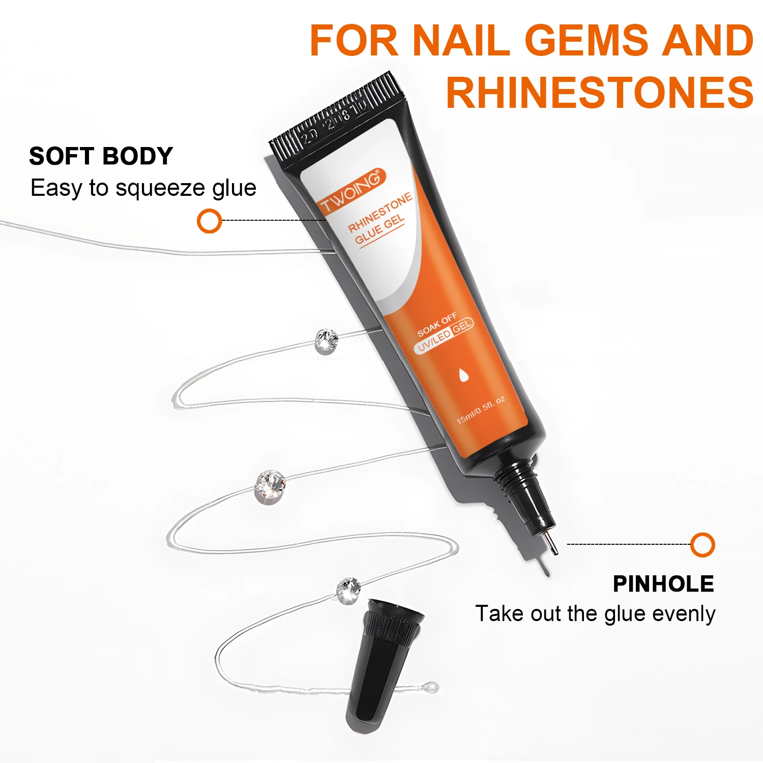 15mL Gel Nail Glue for Rhinestones for Nails Super Adhesive NO Wipe Nail Gem Glue for Nail Crystals Beads Diamonds Sticker 3D