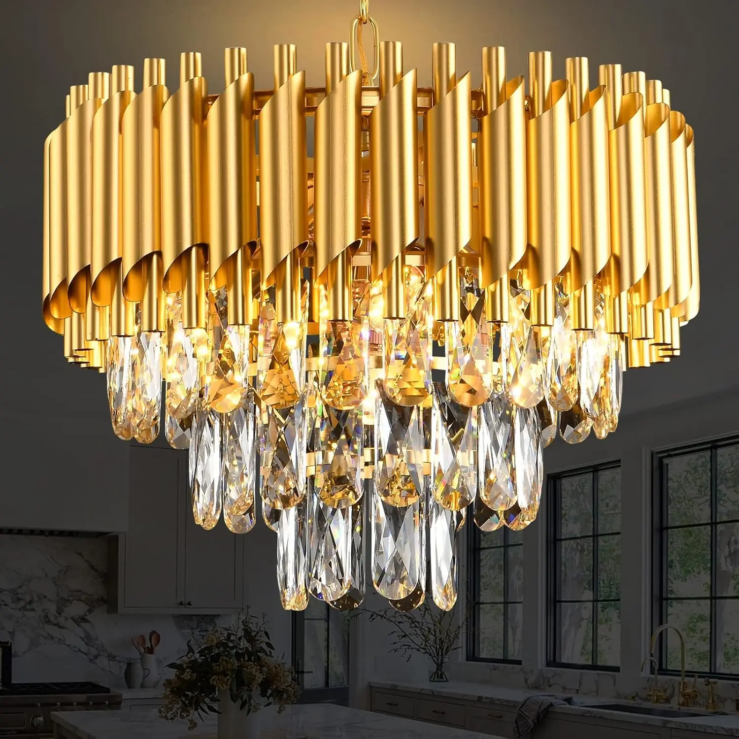 

Gold Modern Crystal Chandeliers 3-Tier K9 Round Crystal Light Fixture Small Gold Chandeliers Ceiling Light Fixture for Dining Ro