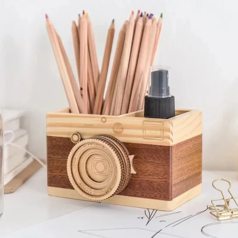 Porte-crayons en forme d'appareil photo, conteneur spécial en bois concis pour stylos pour le bureau