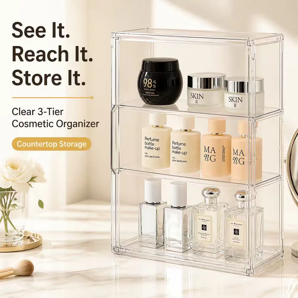 3‑Tier Clear Acrylic Cosmetic Organizer Countertop Makeup Storage Shelf Transparent Skincare Perfume Display Rack Bathroom Vanity Storage Holder