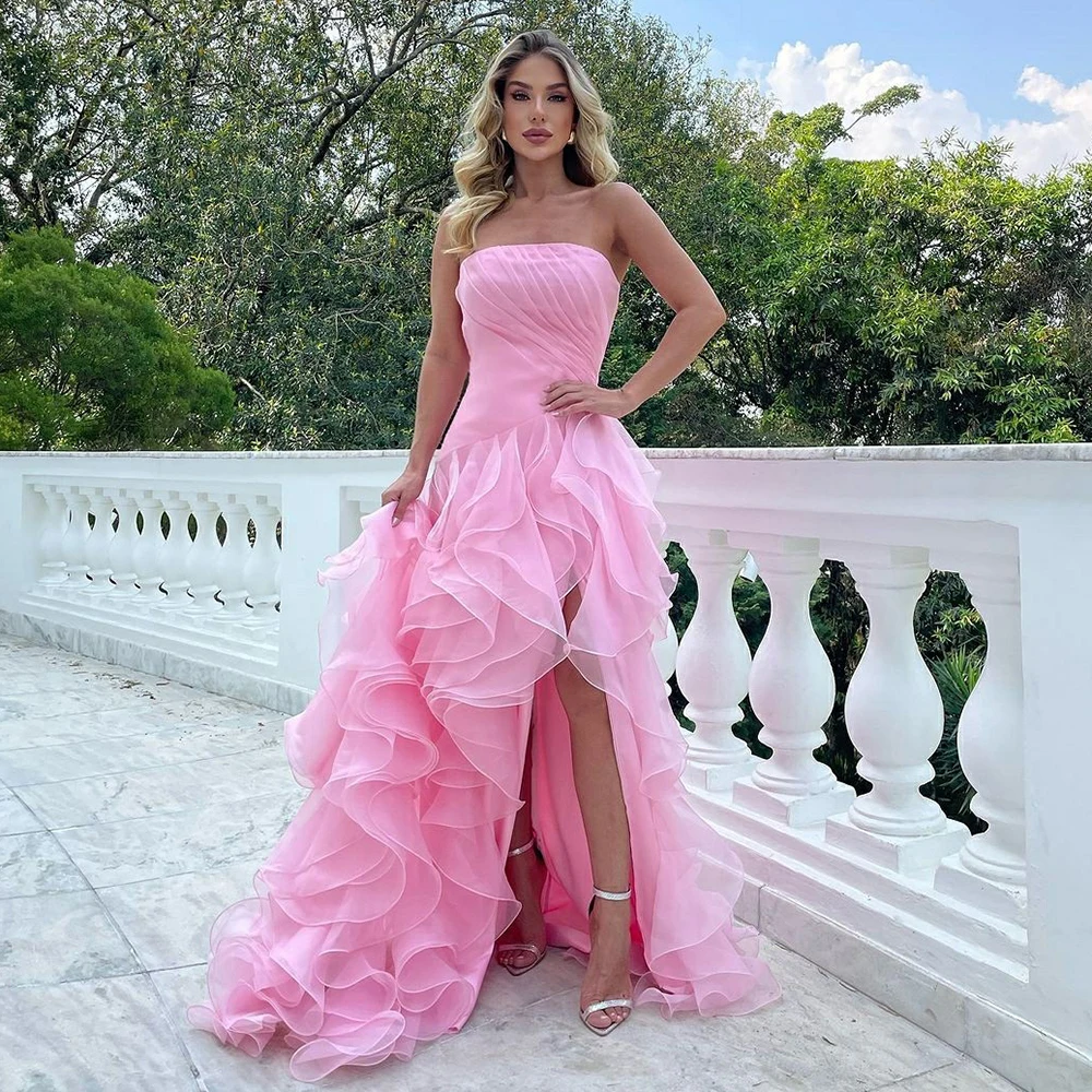 Msikoods personalizado elegante rosa en capas con volantes vestido de noche sin tirantes vestido de graduación con abertura larga para mujer vestido de fiesta de boda Gala