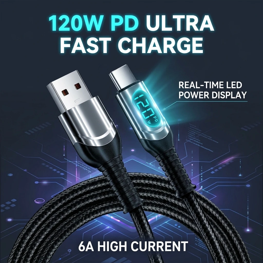 6A 120W LED Power Display USB C Cable Fast Charging Type C Charger Cord Data Sync Wire for iPhone 17 16 15 Pro Max Samsung