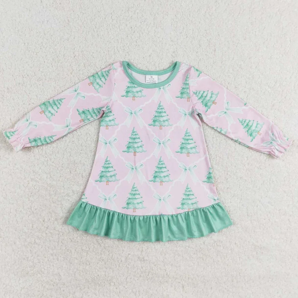 

Santa Tree Green Ruffle Long Sleeve Dresses for Girls Western Boutique Fall Baby Girls Dress