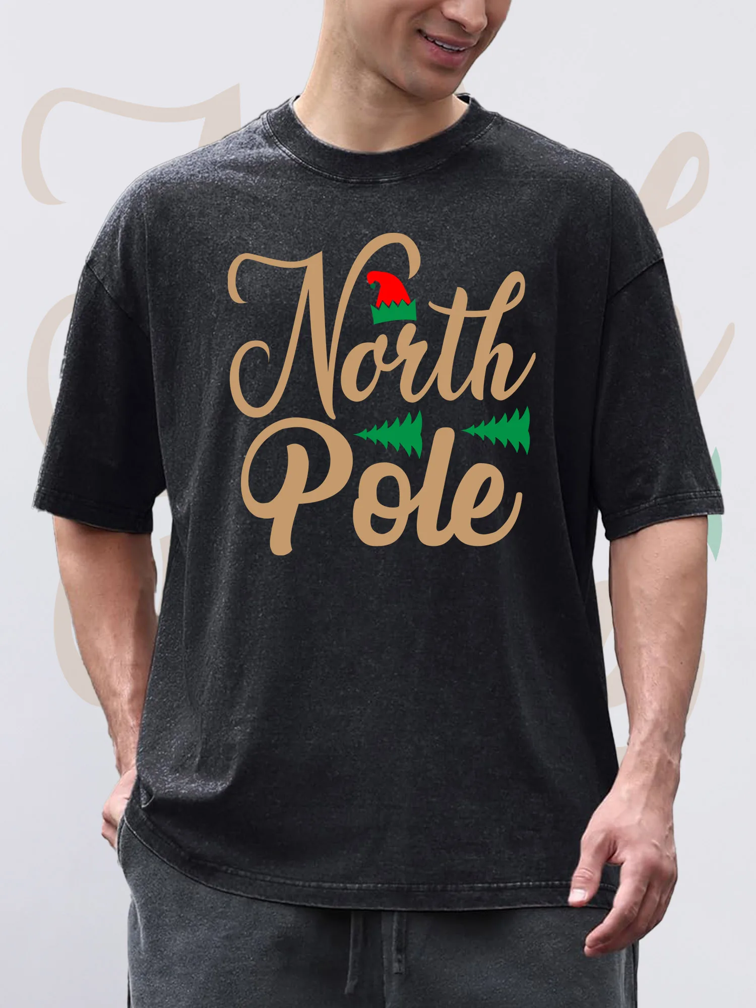 

Men's T-Shirts NOITH POLE Printed Black Short-Sleeved Round Neck 100% Pure Cotton Acid Wash Suitable For Christmas