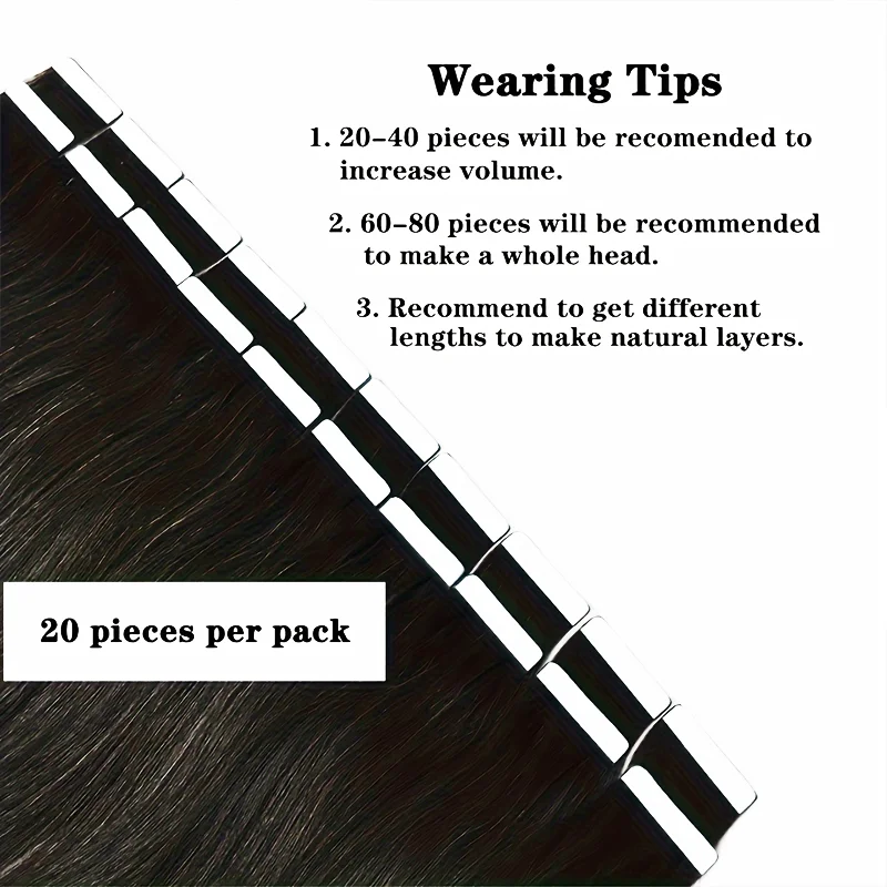 Tape in Hair Extensions Natural Black Real Human Hair 20 Pieces Remy Hair Extensions Straight Seamless Skin Weft Hair Extensions