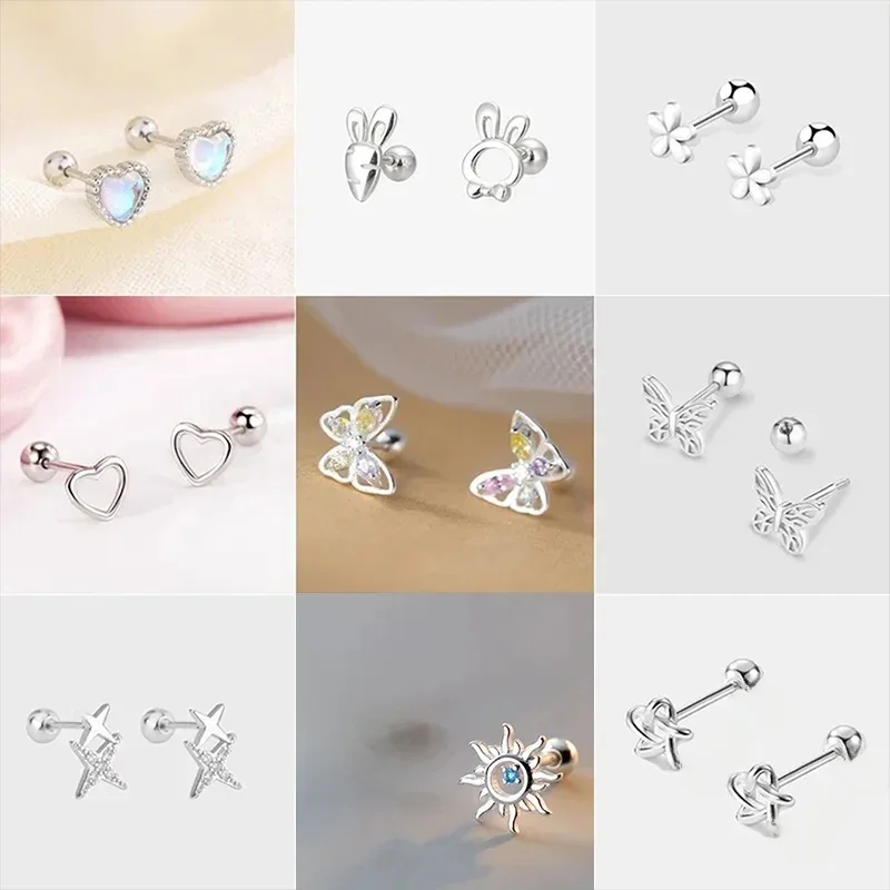 Koreański 925 srebrna igła przekłucie tragus Helix szpilki kolczyki dla kobiet 2 szt. Motyl serce modny przekłuwanie uszu biżuteria do ciała — 2