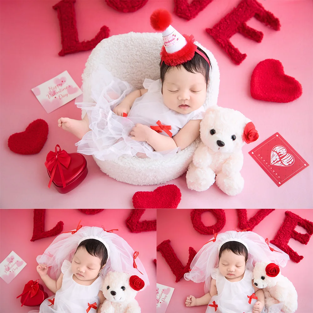 新生児写真撮影用小道具-バレンタインデーのテーマ-ベビーホワイトチュールドレス-love文字-ハート型-テディベア小道具-スタジオ用