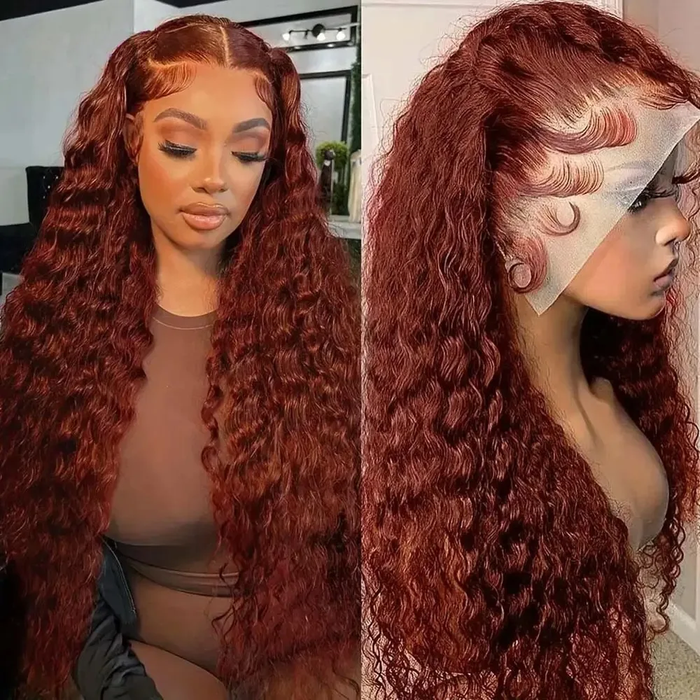 YKB Reddish Brown Curly 13x6 HD Lace Frontal Wig Human Hair Deep Wave Lace Front Wigs Red Colored 30 Inch Brazilian 220 Density