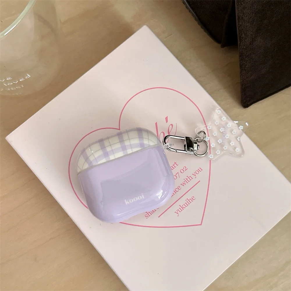 

Cute, fashionable, gentle purple checkered pattern+floral pendant suitable for Apple Airpods 4 3 2 Pro 2 3 Bluetooth TPU headpho