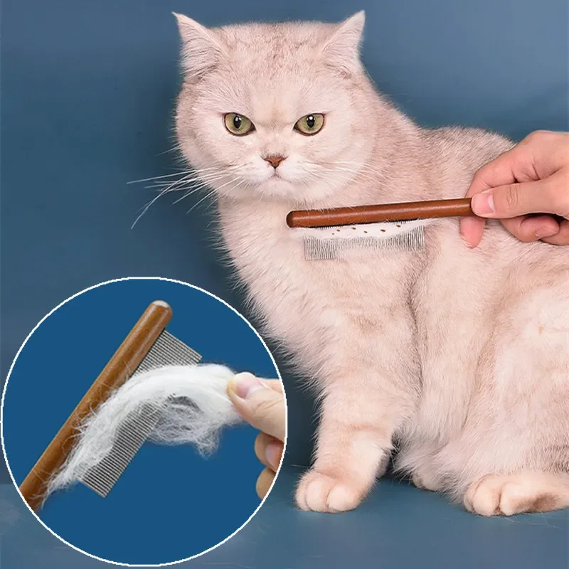 Peigne pour chat en acier inoxydable, épilateur pour animaux de compagnie, manche en bois, peigne pour toilettage des animaux de compagnie, Massage, brosse pour chien, outil de nettoyage, fournitures
