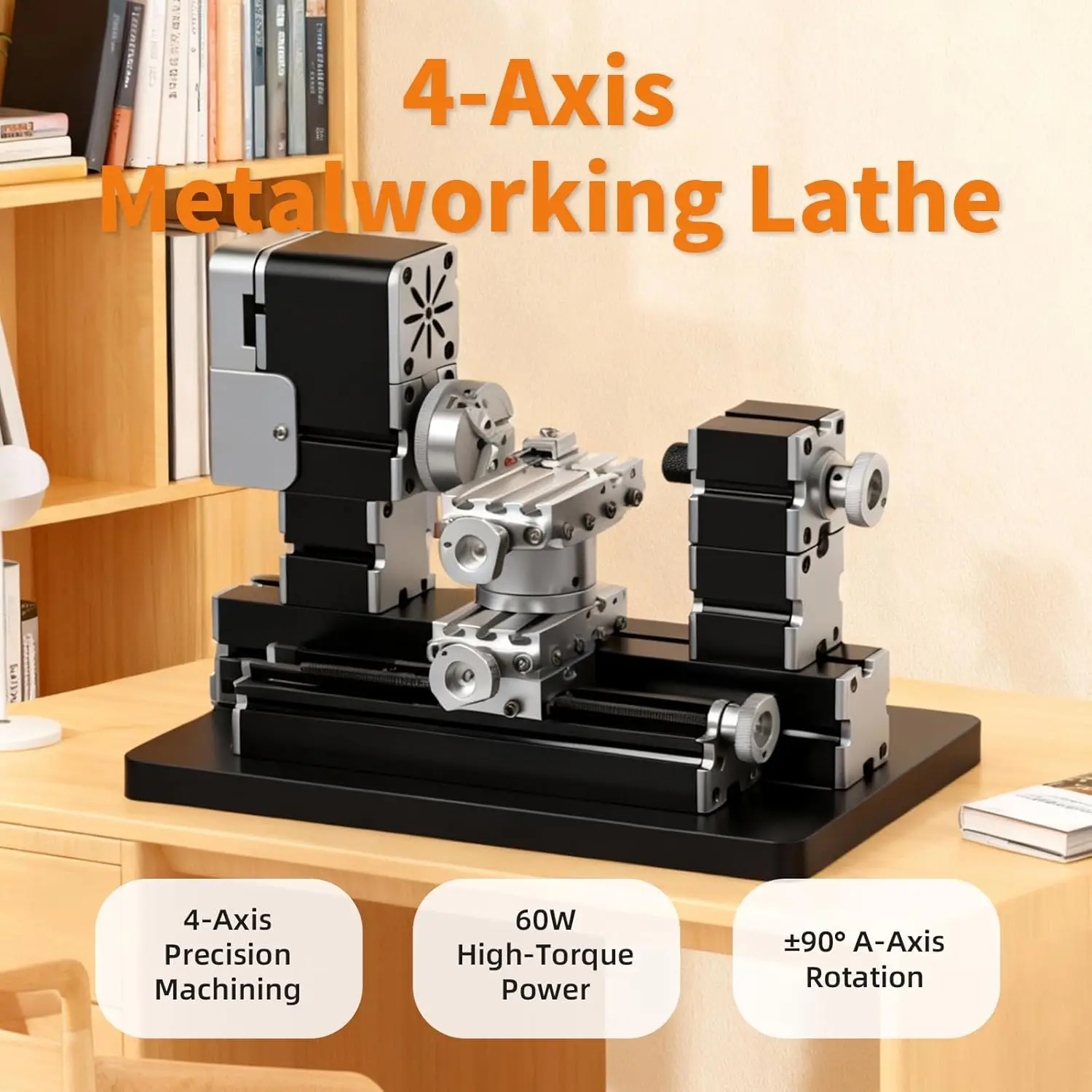 60W 12000RPM 4-Axis Mini Metal Lathe 75mm Center Height All-Metal DIY Benchtop Lathe for Wood Soft Metal Plastic