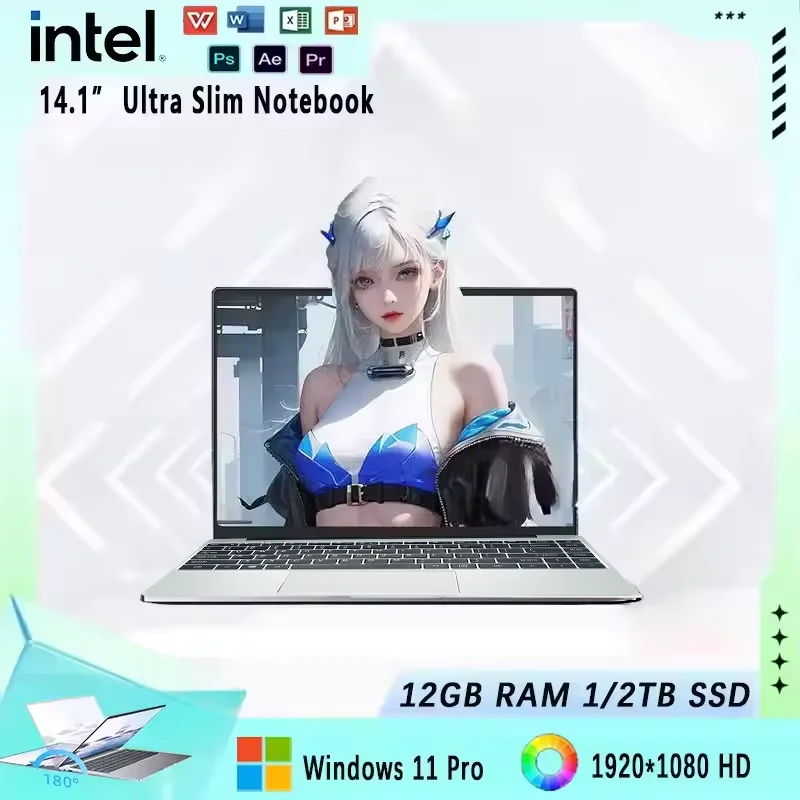 Laptop Gamer Slim Folding, Windows 11, Intel N4000 180 °, 12GB de RAM, 512GB, 1TB SSD, 1920x1080, Escritório, Estudo, PC, Novo, 2020