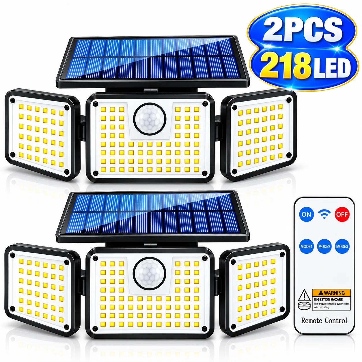 2PCS 218LED Solar Motion Sensor Lights Outdoor with Remote Control, 3 Adjustable Heads, 270° Wide Angle, 3 Lighting Modes, IP65 Waterproof Solar Security Wall Lights for Garage, Porch, Yard & Garden