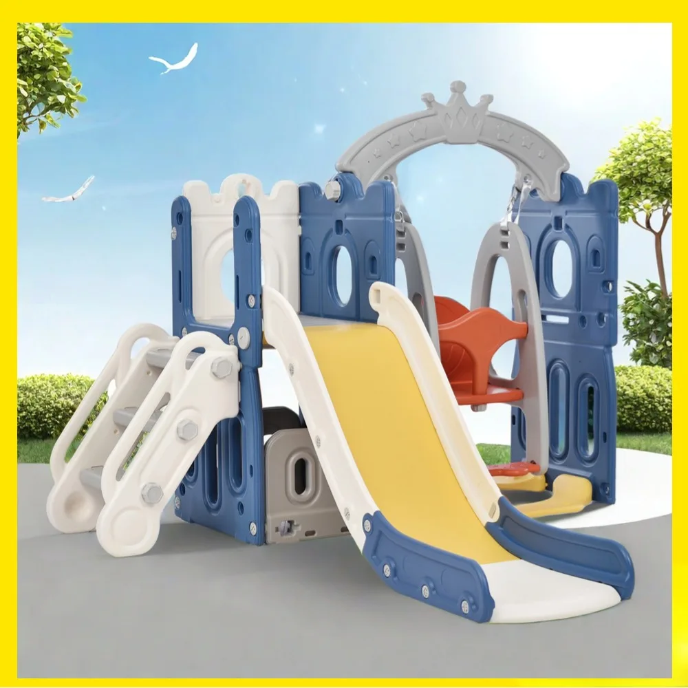 5 in 1 Children's toy slide,Using HDPE material,Equipped with swings,basketball hoops,storage space