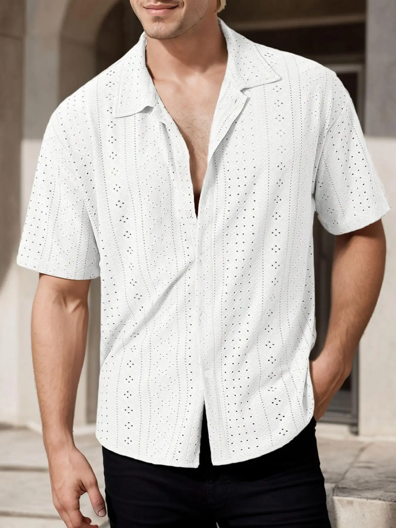 

Мужская однотонная повседневная рубашка с короткими рукавами и пуговицами, дышащая, впитывающая пот