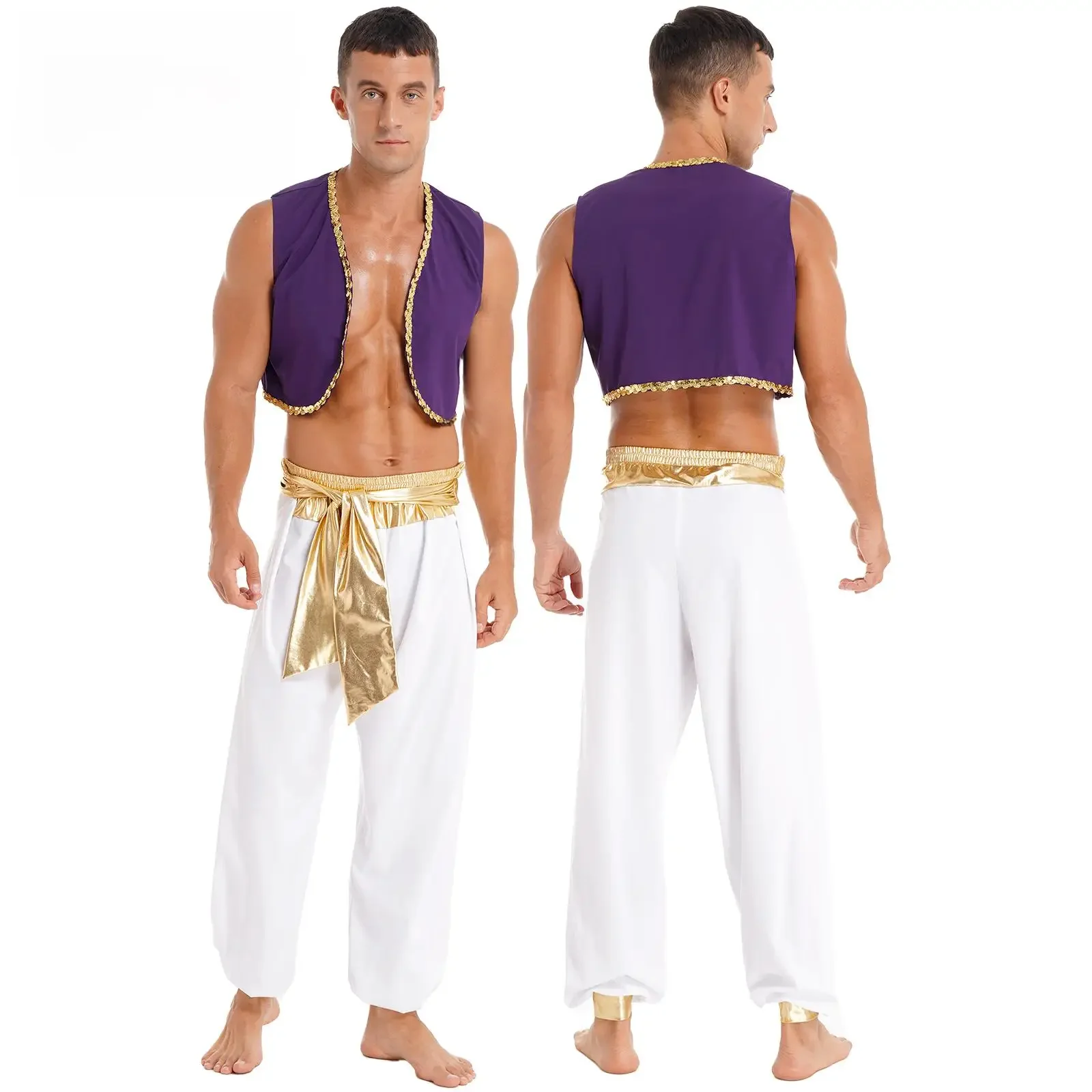Mens Halloween Arabische Prins Kostuum Mythische Aladins Party Cosplay Fancy Dress Outfit Pailletten Trim Vest met Gordel Broek - afbeelding 2