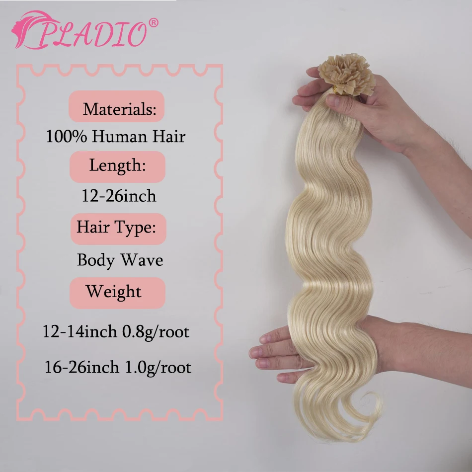 PLADIO Body Wave Flat Tip Hair Extensions 100% Real Human Hair 12-26 Inch Pre Bonded Keratin Hair Extensions For Salon Supply