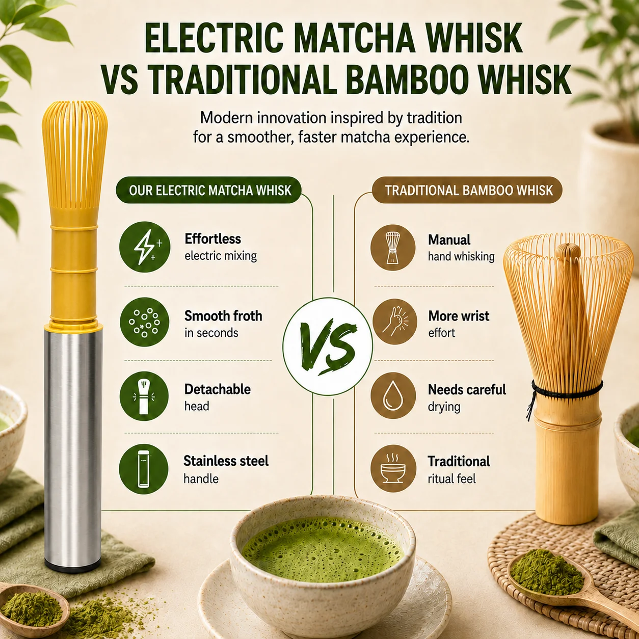 Portable USB Rechargeable Matcha Mixer with Bamboo-Style Whisk Head and Protective Storage Cover for Green Tea Preparation