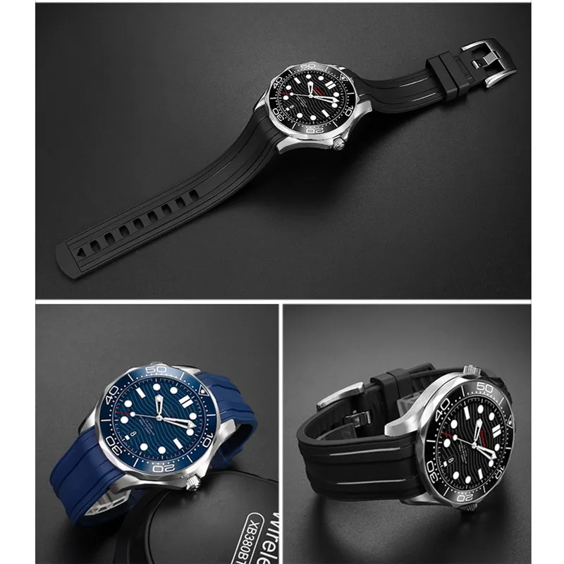 20mm Rubber Strap Curved End for Omega Seamaster 300 Waterproof Diving Stainless Steel Buckle Men Replacement WatchBand