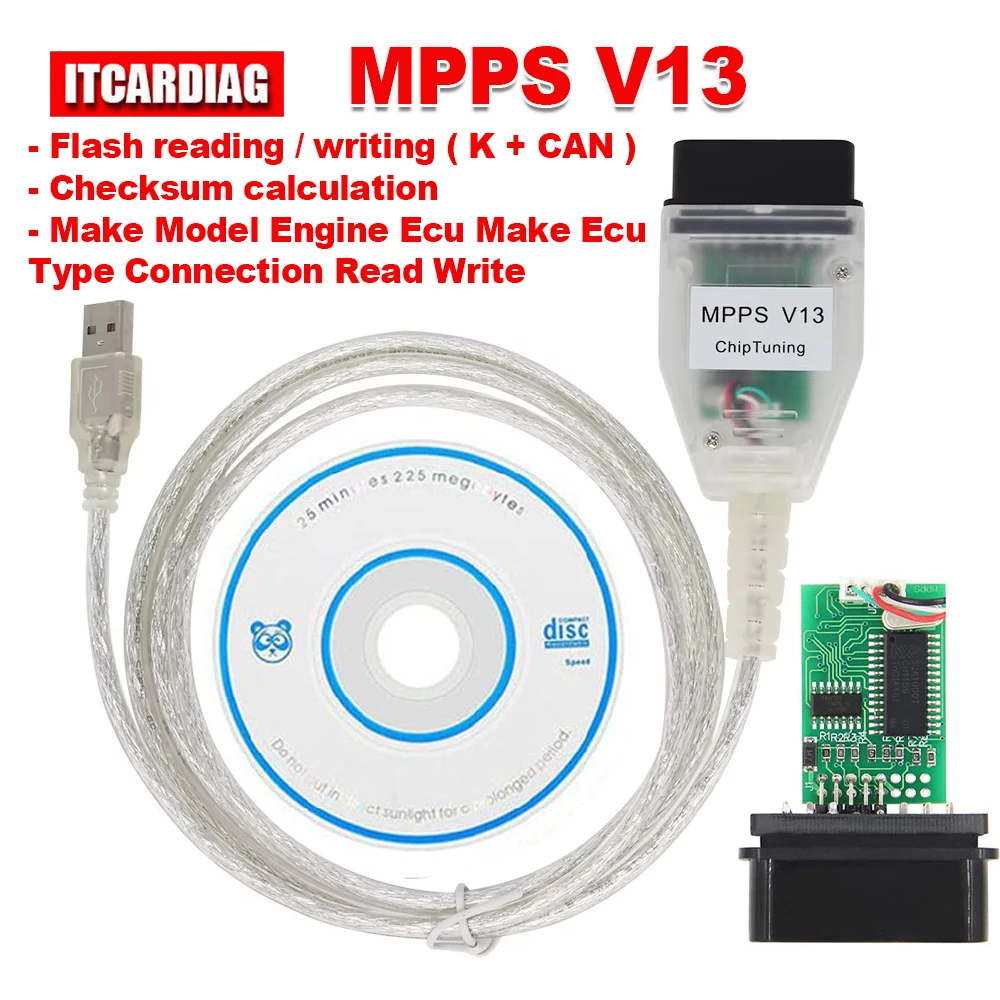 MPPS V13 ECU Programmer K CAN Flasher Chip Tuning ECU Programmer Remap OBD2 USB Interface Car Diagnostic Cable for Windows XP