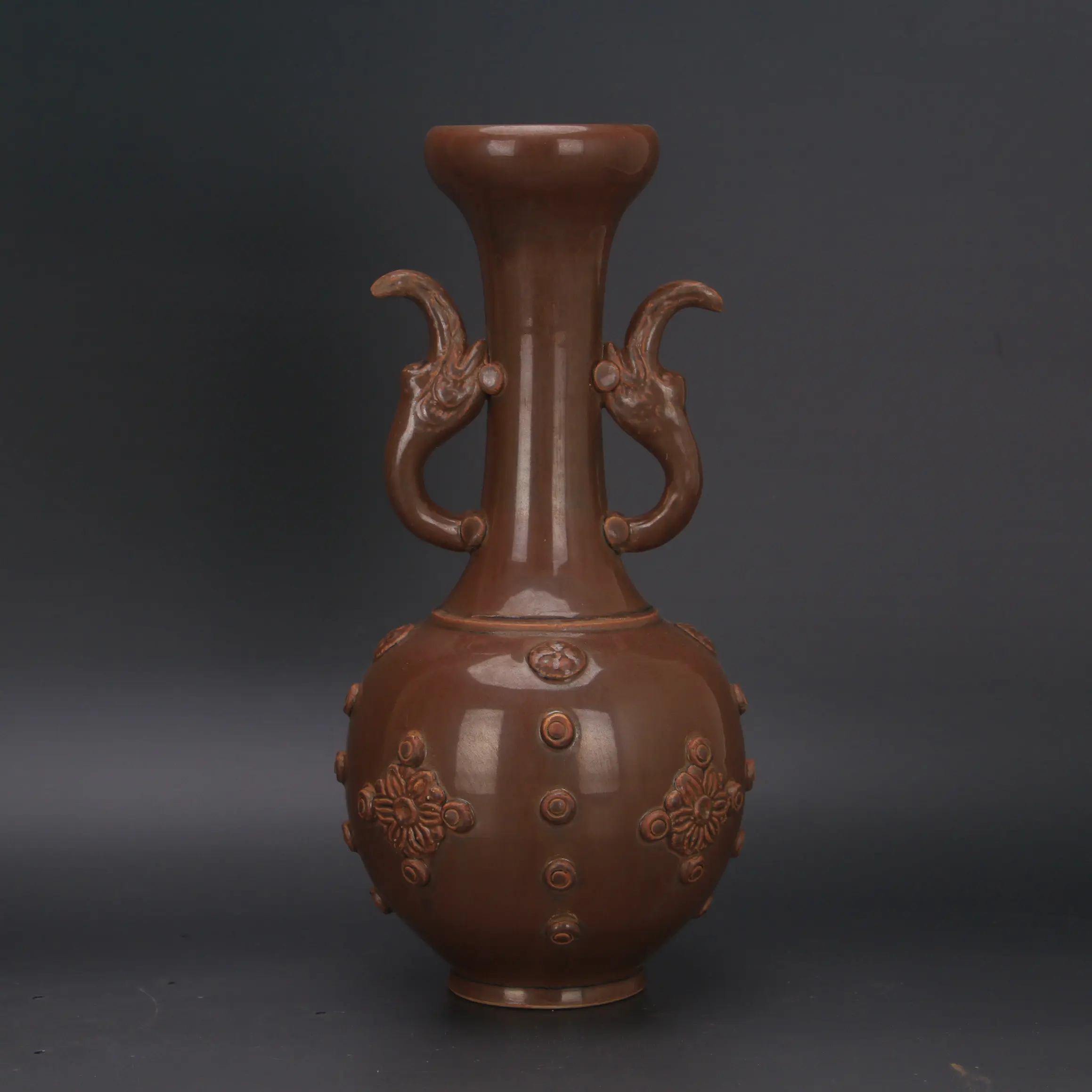 Song Dynasty Ding Kiln Purple Gold Glaze Drum Nail Embossed Garlic Head Vase Antique Ceramic Home Decor