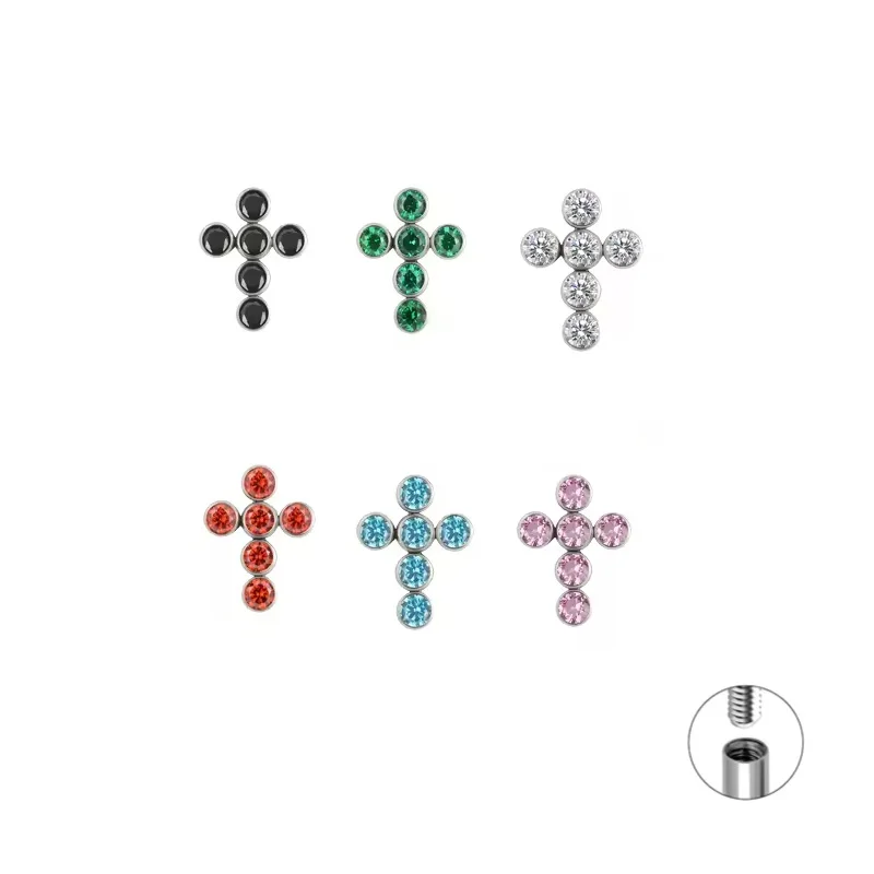 Kenbao Wholesale G23 Titanium Crossing Body Piercing Jewelry 16G Internally Threaded Bezel Set CZ Top Labret conch tragus