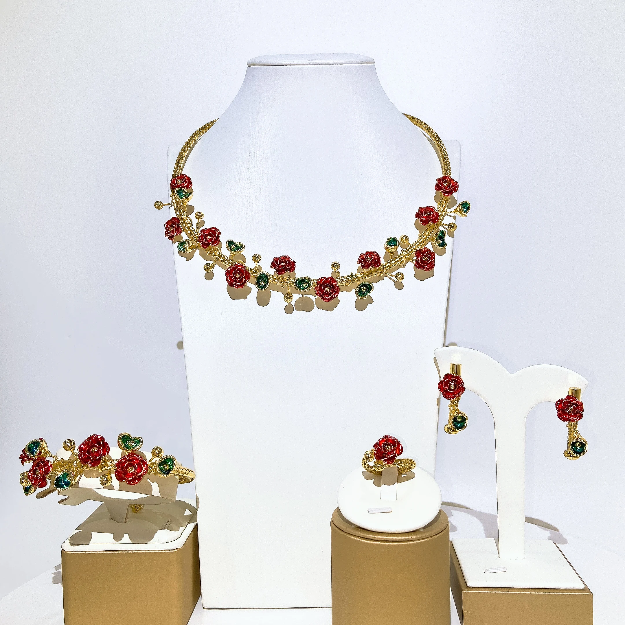 Gorgeous Textured Colorful Rose Flower Jewelry Statement Trendy Necklace Bracelet Earrings Ring 4PC Jewellery for Wedding Party